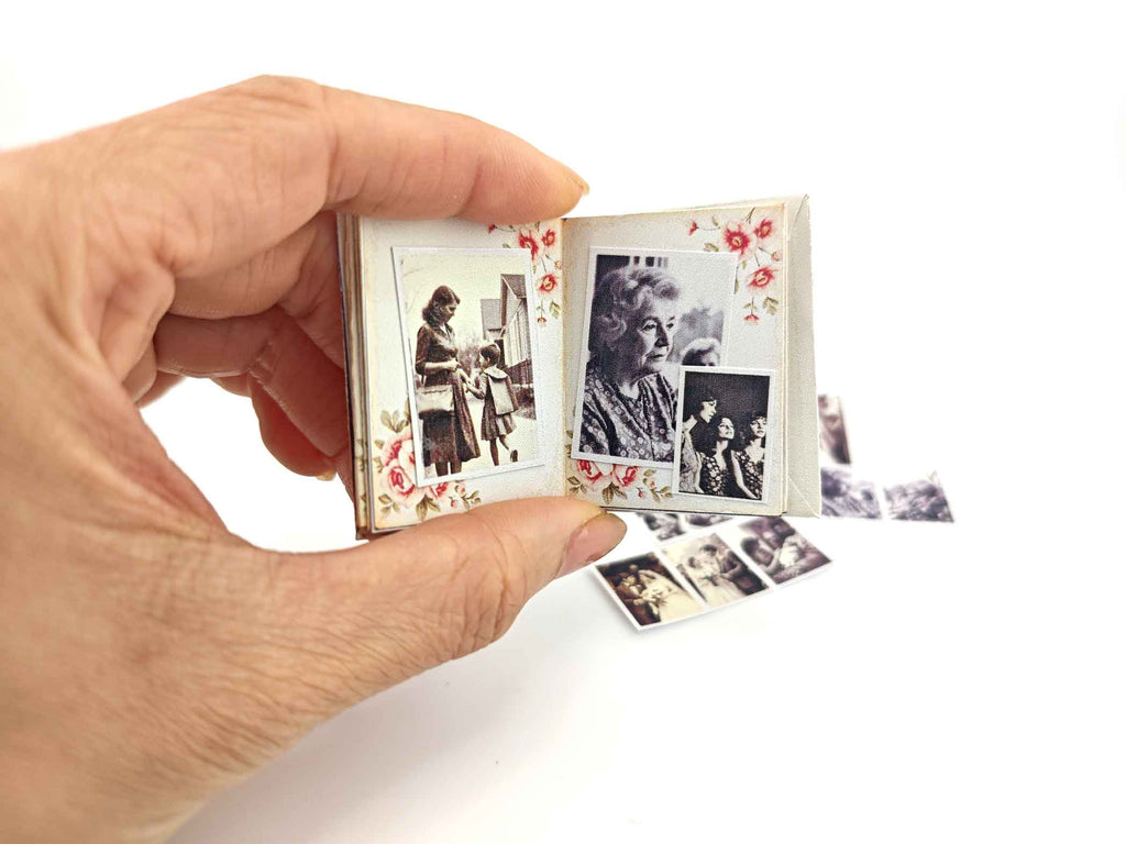 1:6 Grandma’s Life Photo Album — Vintage Miniature Book with Film Photos for Dollhouse Display