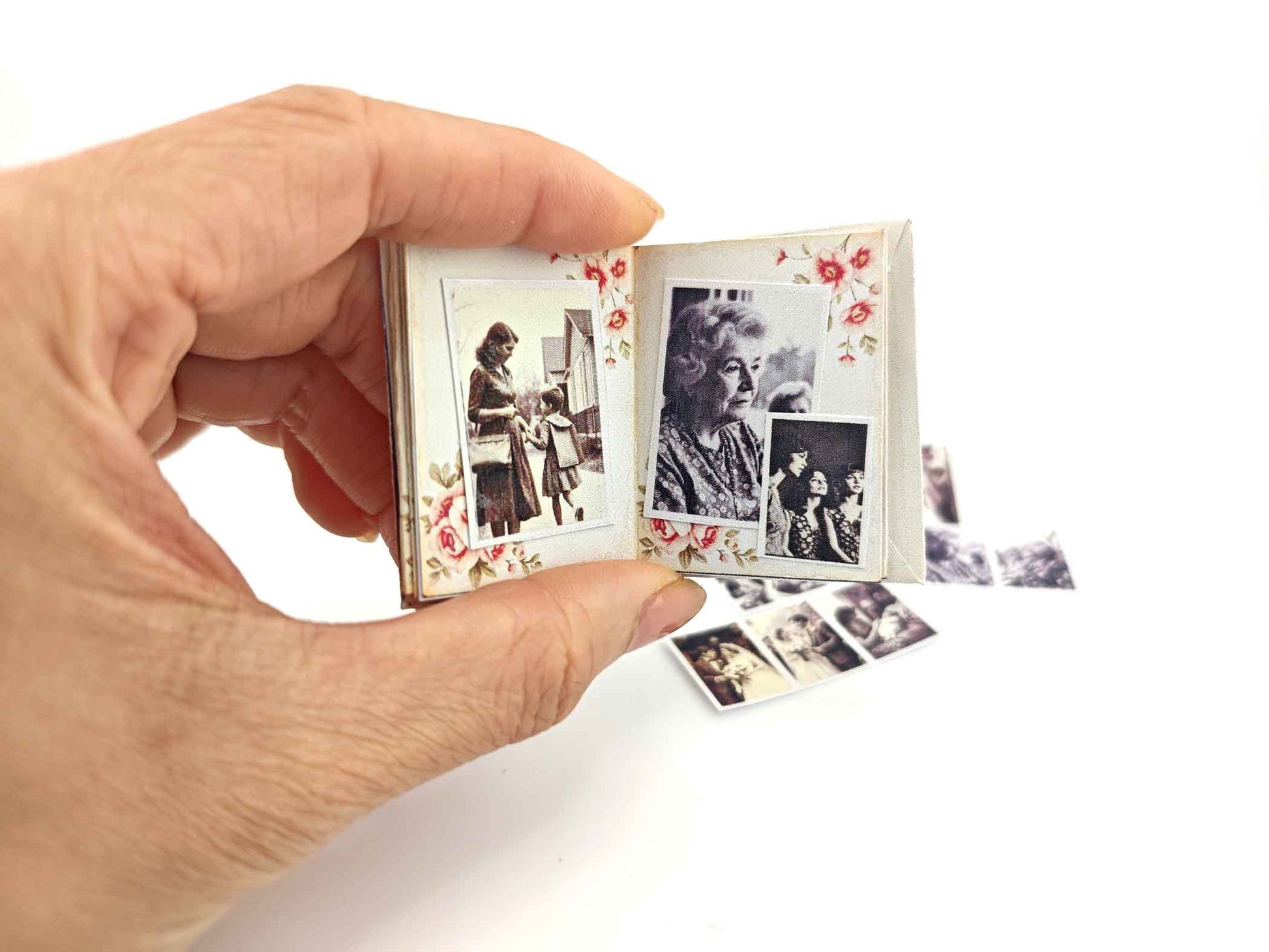1:6 Grandma’s Life Photo Album — Vintage Miniature Book with Film Photos for Dollhouse Display