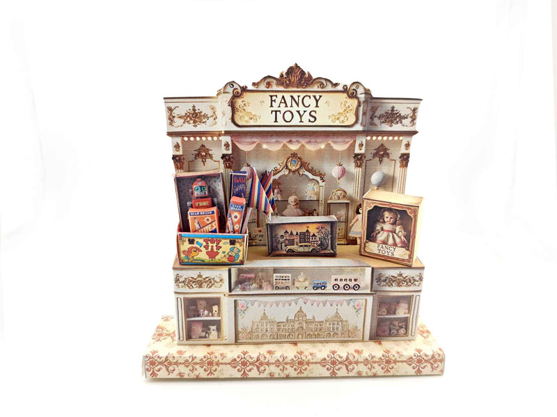 Vintage toy shop stand with miniature doll, robot, car, and fireworks, designed for collectible or dollhouse display