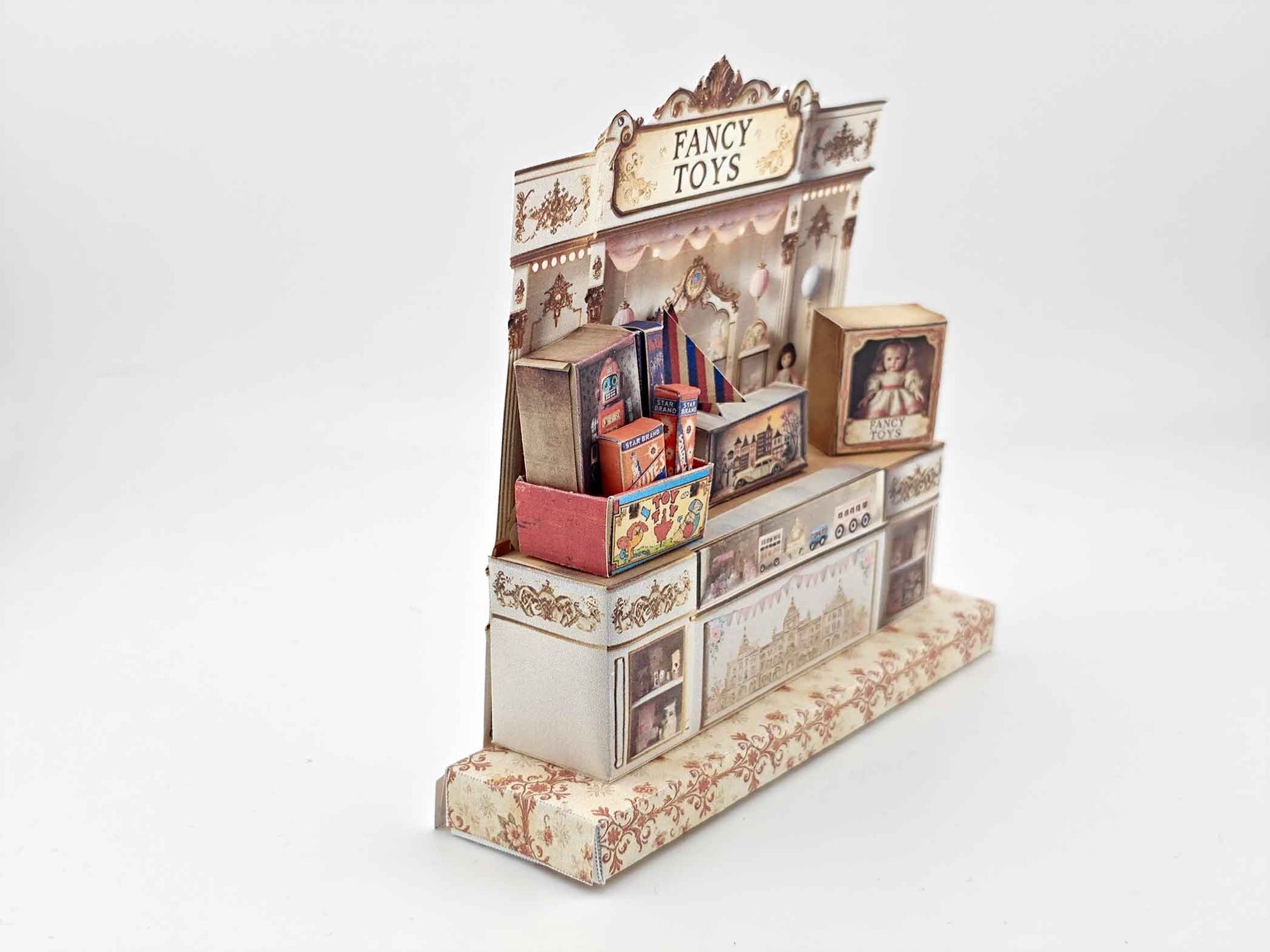 Vintage toy shop stand with miniature doll, robot, car, and fireworks, designed for collectible or dollhouse display