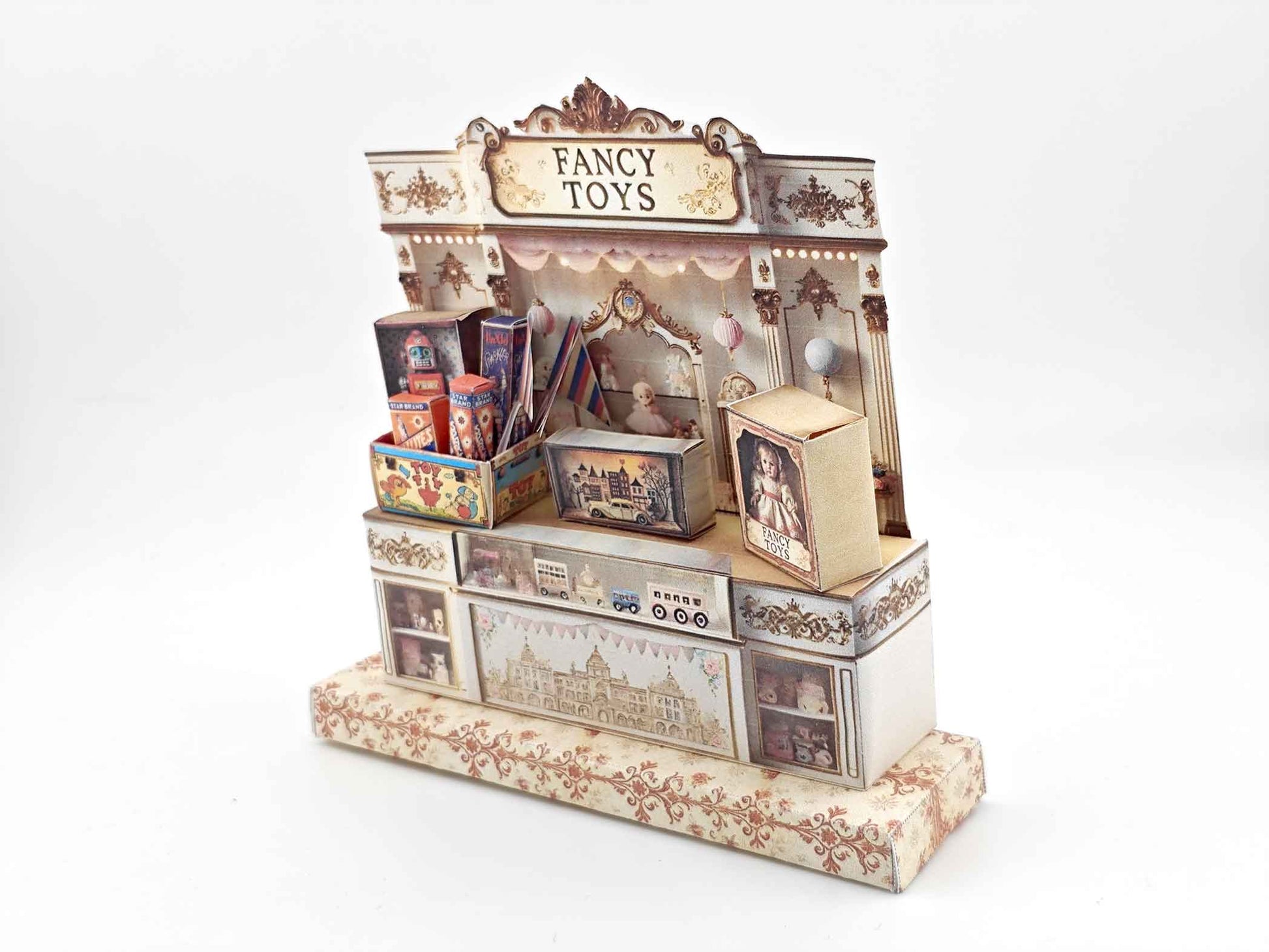 Vintage toy shop stand with miniature doll, robot, car, and fireworks, designed for collectible or dollhouse display