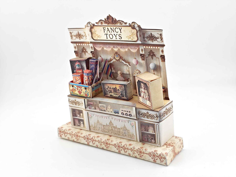 Vintage toy shop stand with miniature doll, robot, car, and fireworks, designed for collectible or dollhouse display