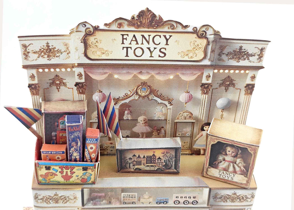 Vintage toy shop stand with miniature doll, robot, car, and fireworks, designed for collectible or dollhouse display