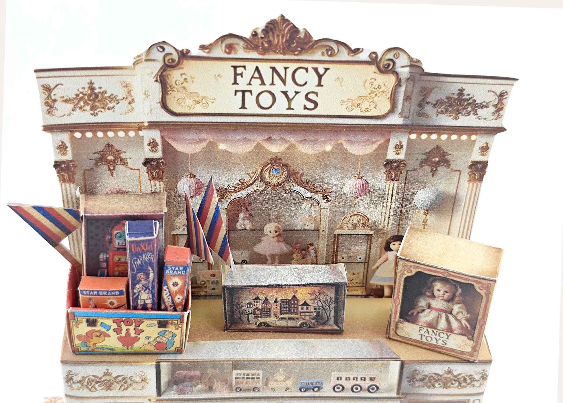 Vintage toy shop stand with miniature doll, robot, car, and fireworks, designed for collectible or dollhouse display