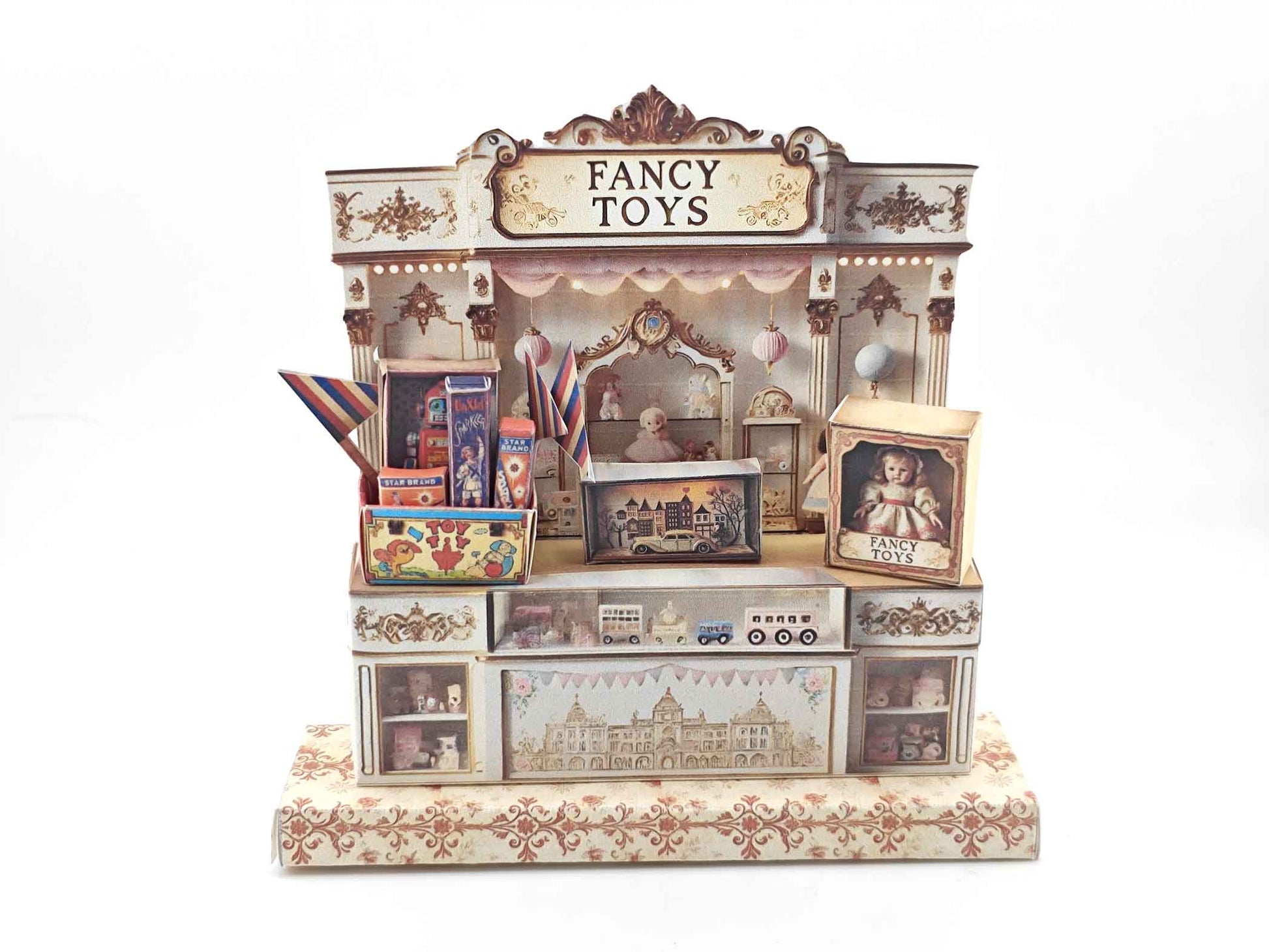 Vintage toy shop stand with miniature doll, robot, car, and fireworks, designed for collectible or dollhouse display