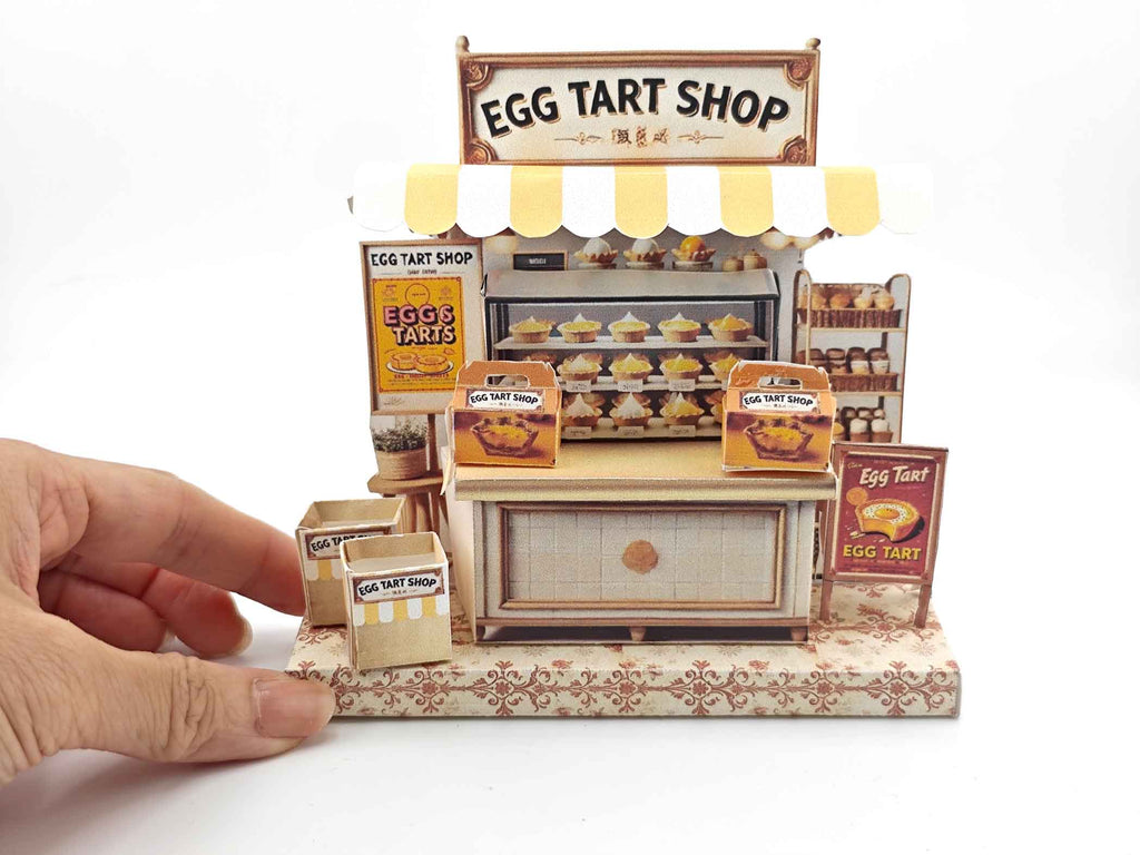 Miniature Egg Tart Stand: Dollhouse Bakery Diorama with Box & Bag