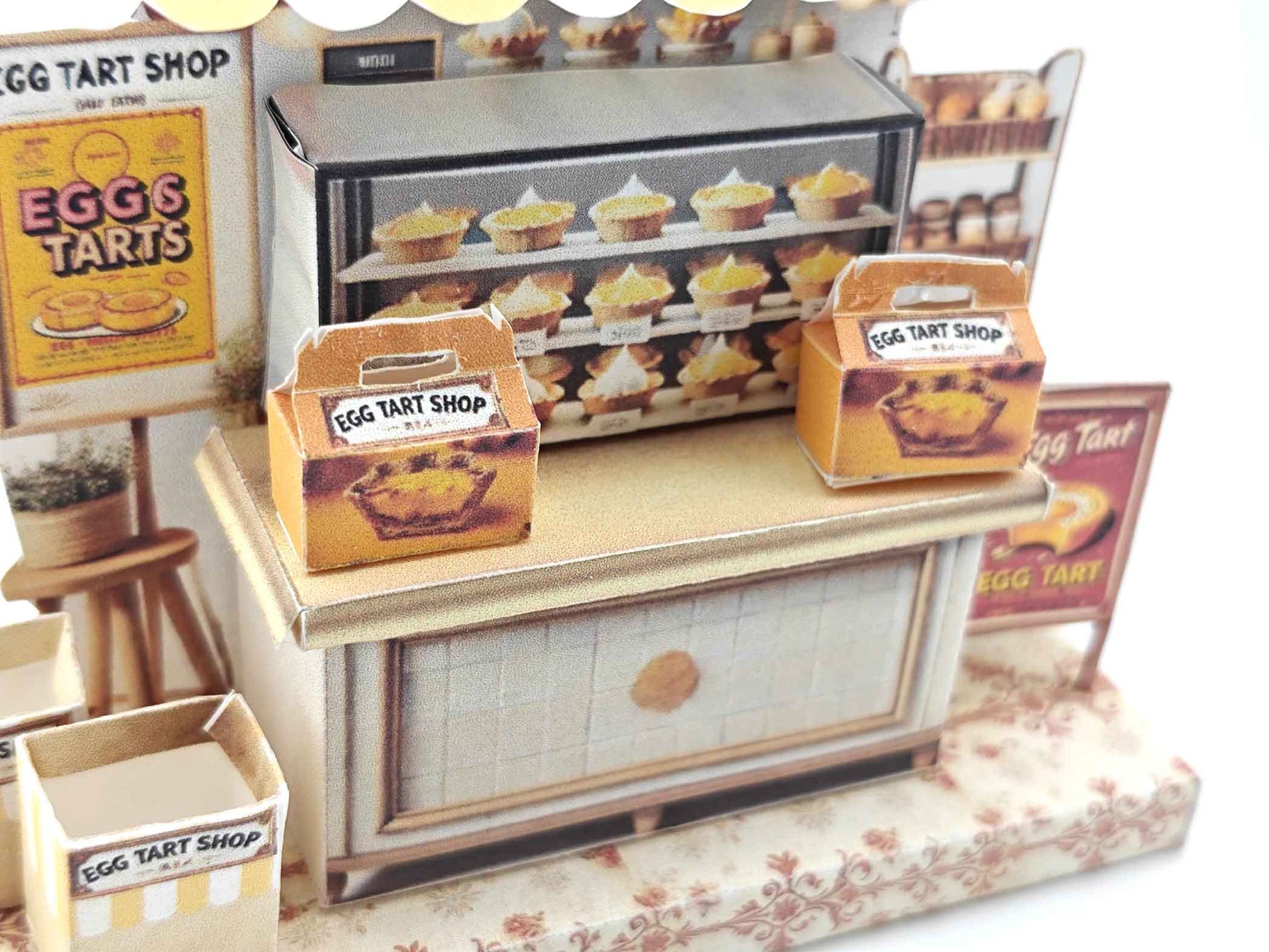 PickScene Egg Tart Stand — Miniature Diorama with Egg Tart Box, Paper Bag & Display Decor