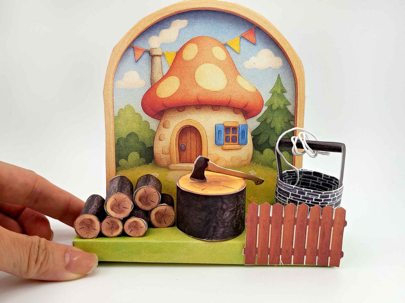 Mushroom Village Diorama: Miniature House, Water Well, Wood Pile (3cm Doll Scale)
