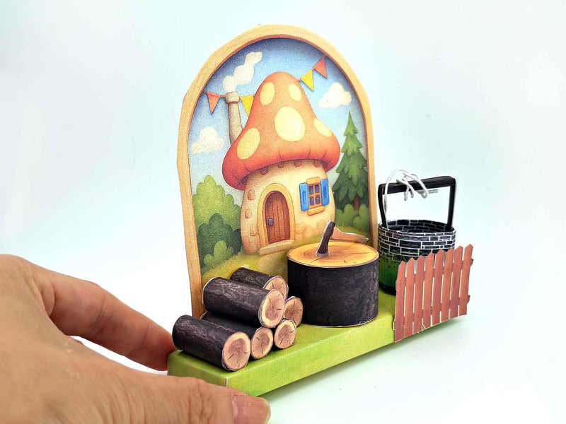 Mushroom Village Diorama: Miniature House, Water Well, Wood Pile (3cm Doll Scale)