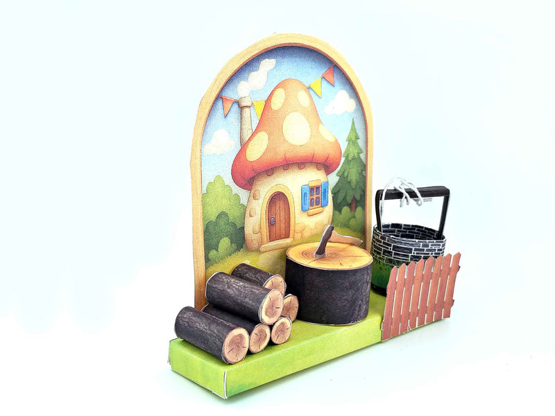 Mushroom Village Diorama: Miniature House, Water Well, Wood Pile (3cm Doll Scale)