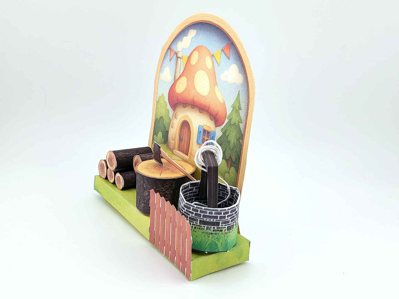 Mushroom Village Diorama: Miniature House, Water Well, Wood Pile (3cm Doll Scale)