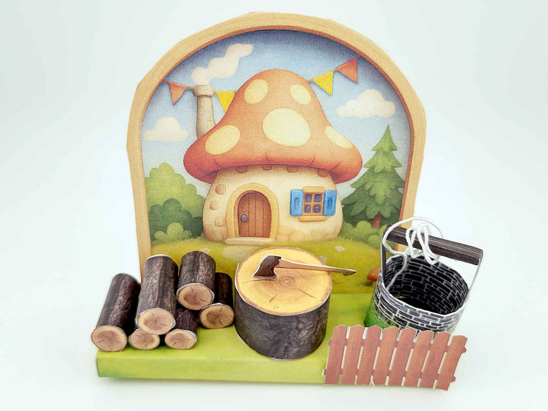 Mushroom Village Diorama: Miniature House, Water Well, Wood Pile (3cm Doll Scale)