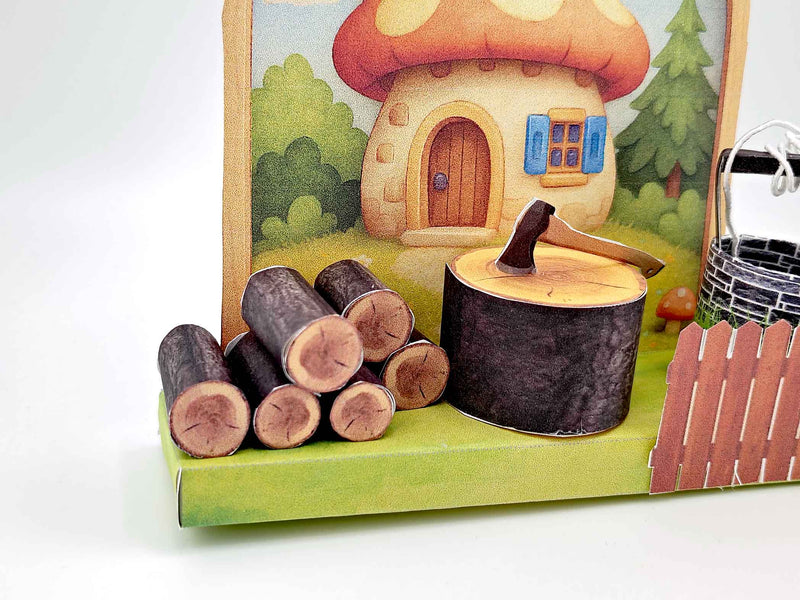 Mushroom Village Diorama: Miniature House, Water Well, Wood Pile (3cm Doll Scale)
