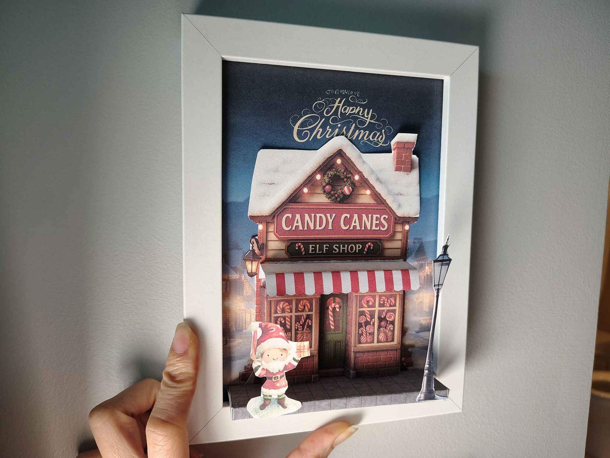 PickScene Christmas elf Candy Canes shop on street 5x7 photo frame with background for DIY a Christmas presents to be a crafting xmas card