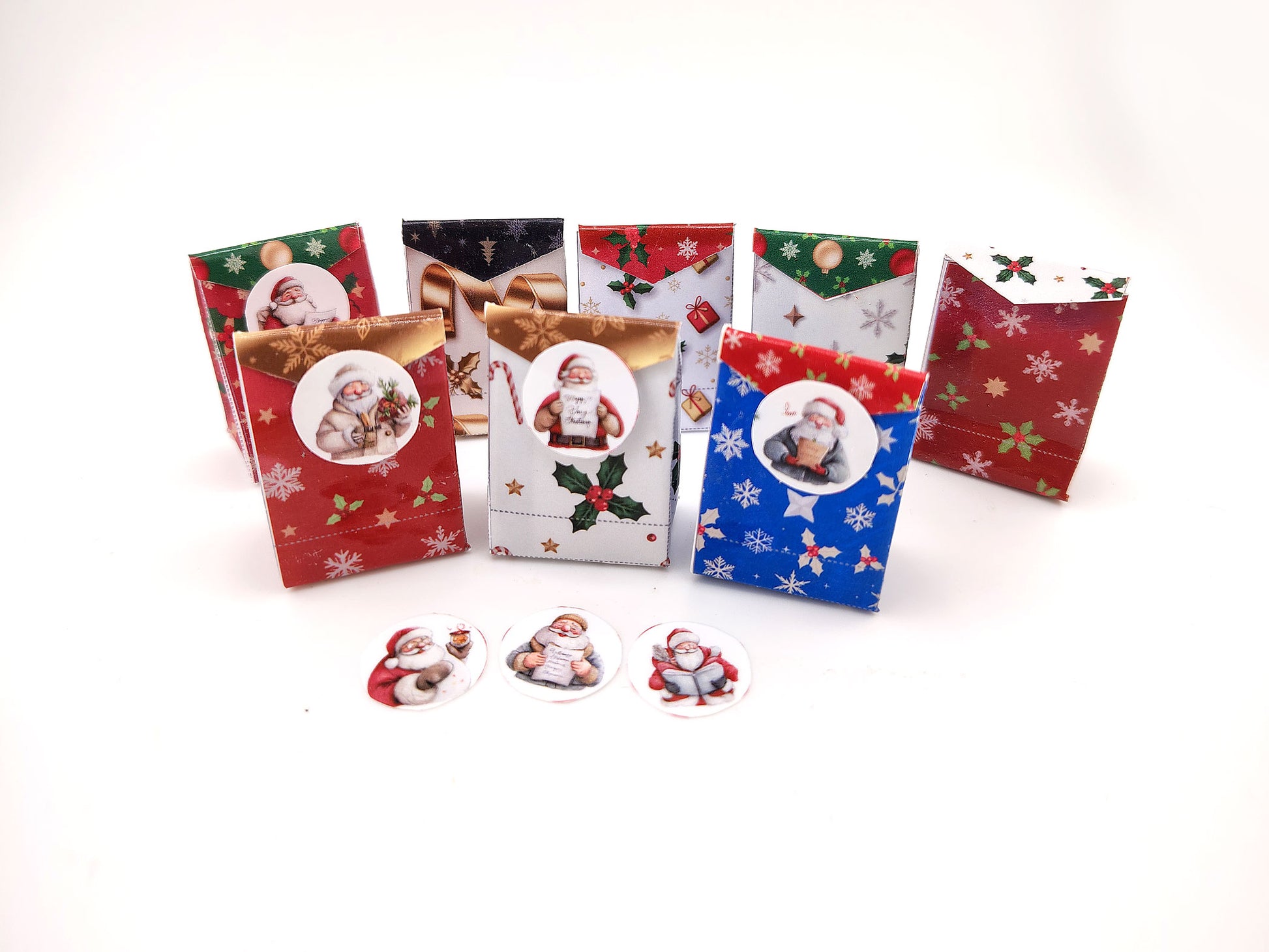 Open box 8 styles Christmas wrapping bags different colors and styles with Santa stickers for dollhouse Christmas setting or gift 11:12