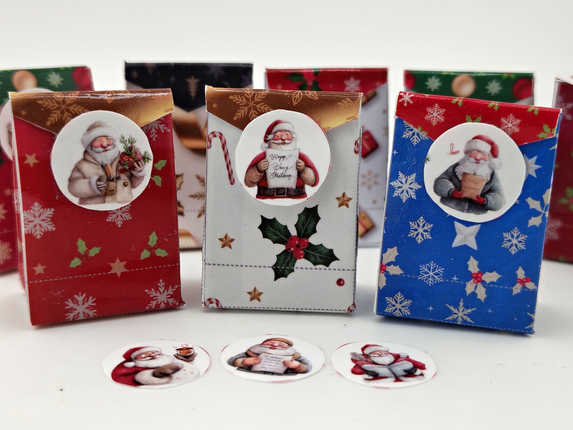 Open box 8 styles Christmas wrapping bags different colors and styles with Santa stickers for dollhouse Christmas setting or gift 11:12