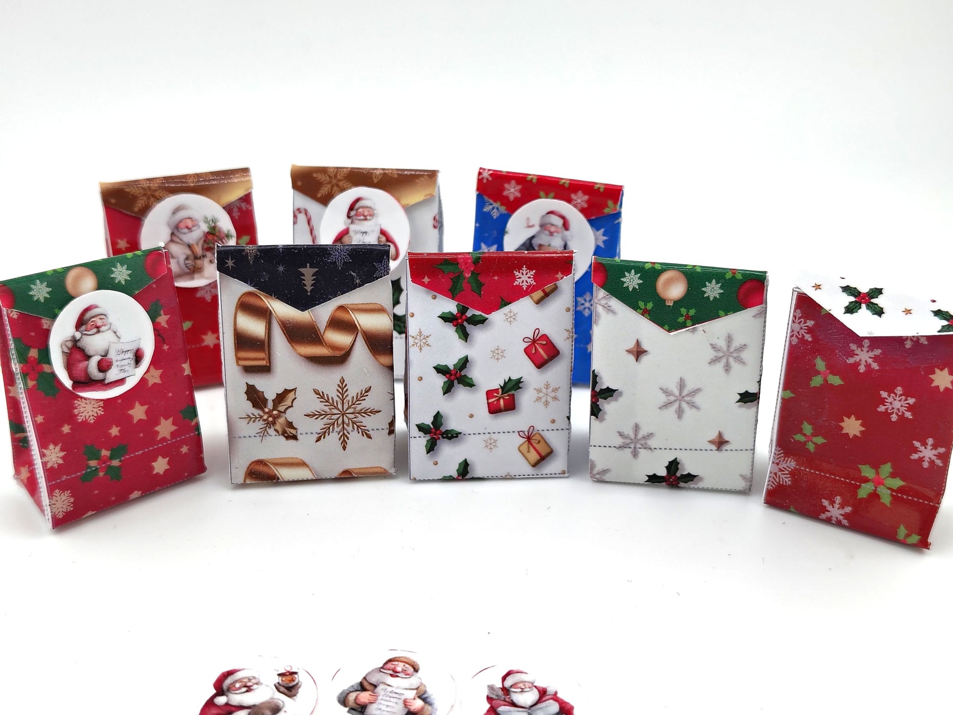 Open box 8 styles Christmas wrapping bags different colors and styles with Santa stickers for dollhouse Christmas setting or gift 11:12