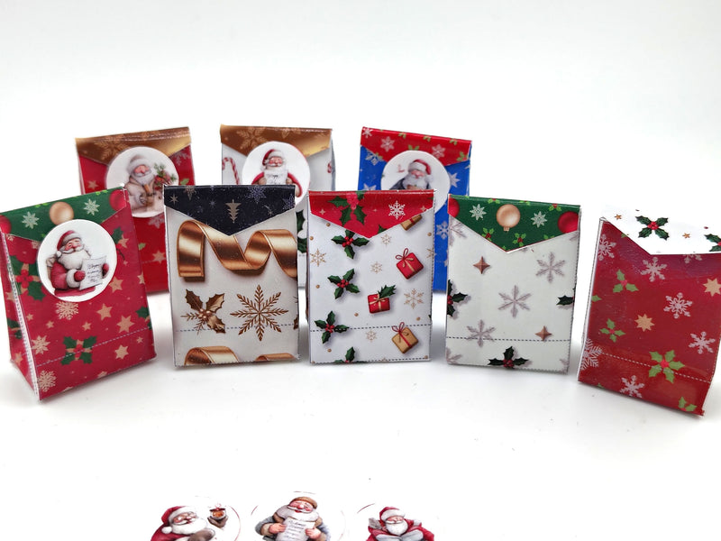 Open bags 8 styles Christmas wrapping bags different colors and styles with Santa stickers for dollhouse Christmas setting or gift 11:12