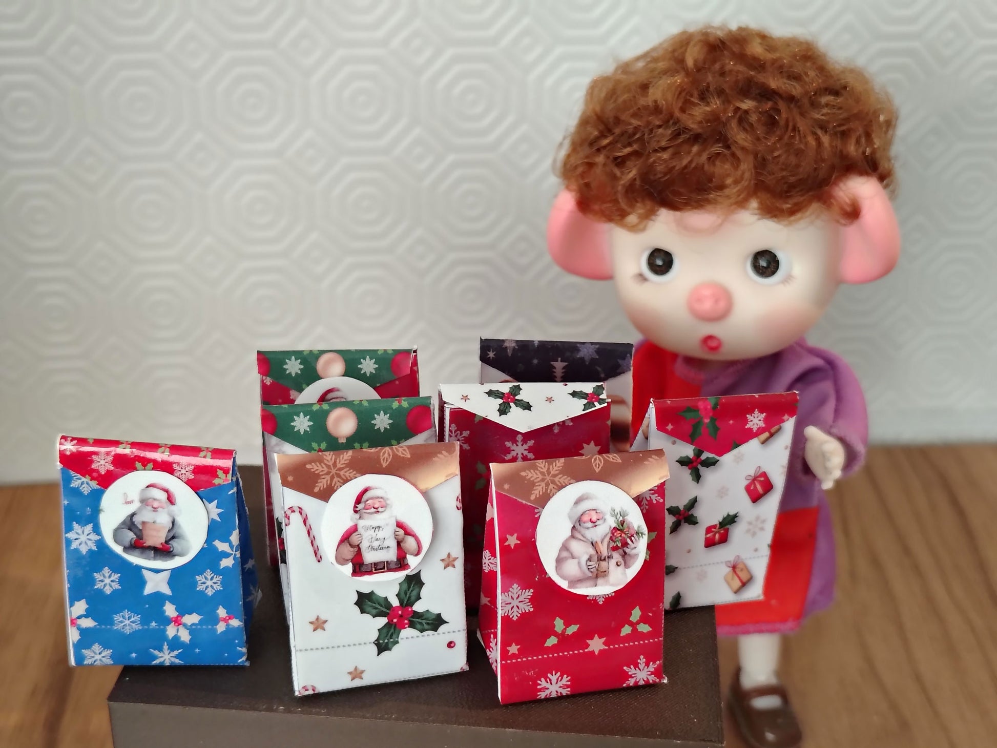 Open box 8 styles Christmas wrapping bags different colors and styles with Santa stickers for dollhouse Christmas setting or gift 11:12