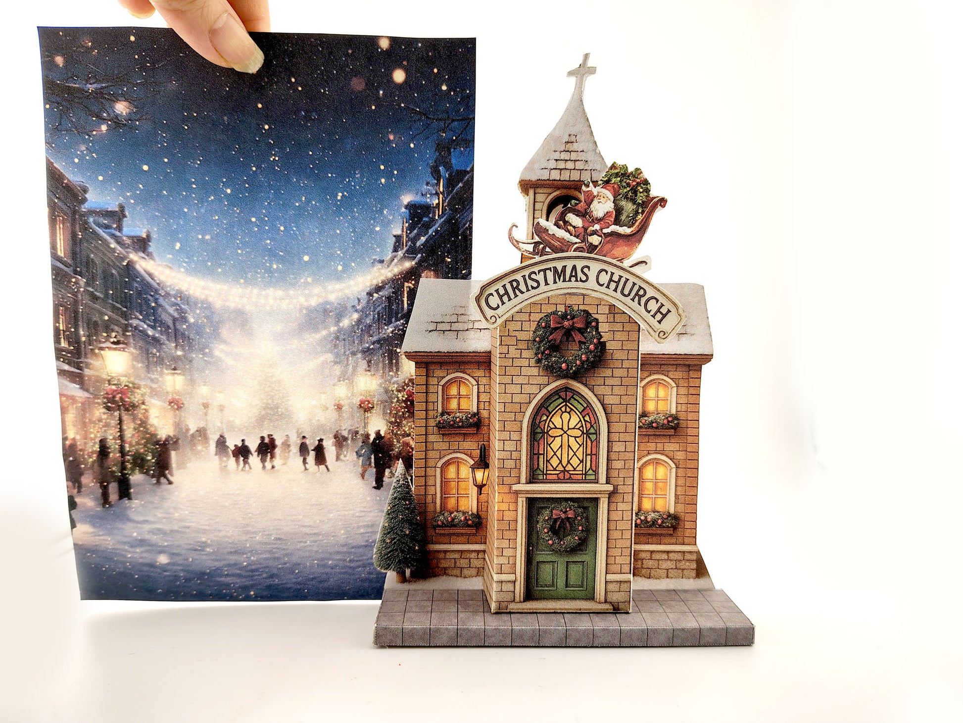 Santa house pocket Christmas ornaments set, printable DIY paper crafts for tree and journaling décor