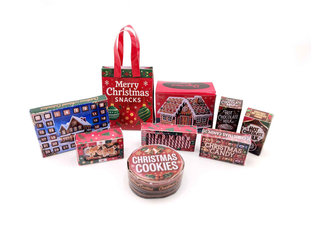 Christmas Snack Packaging 1:12 scale dollhouse food, 8 snack box and 1 bag, ginger bread house, candy canes, cookie, Hot chocolate