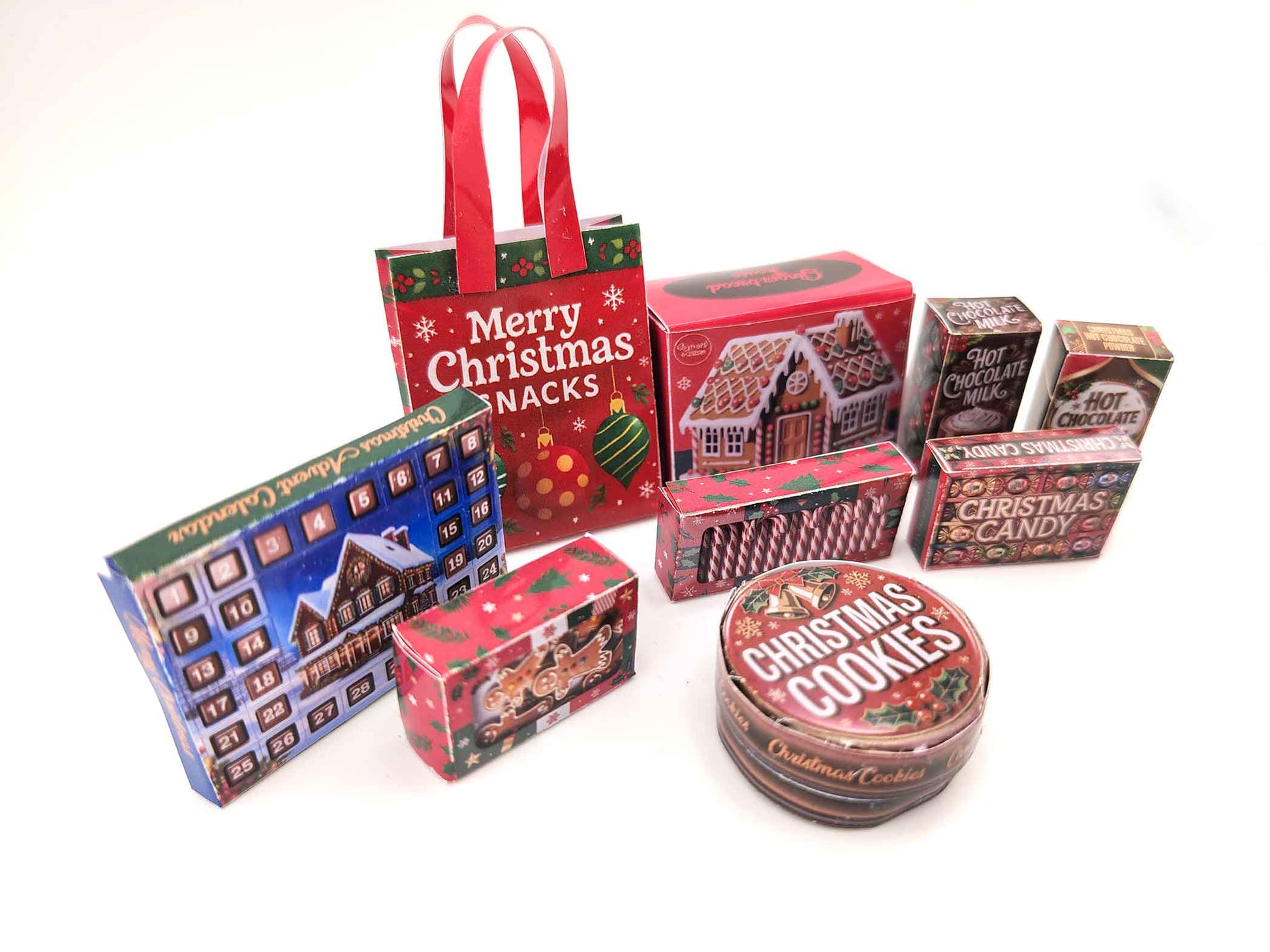 Christmas Snack Packaging 1:12 scale dollhouse food, 8 snack box and 1 bag, ginger bread house, candy canes, cookie, Hot chocolate