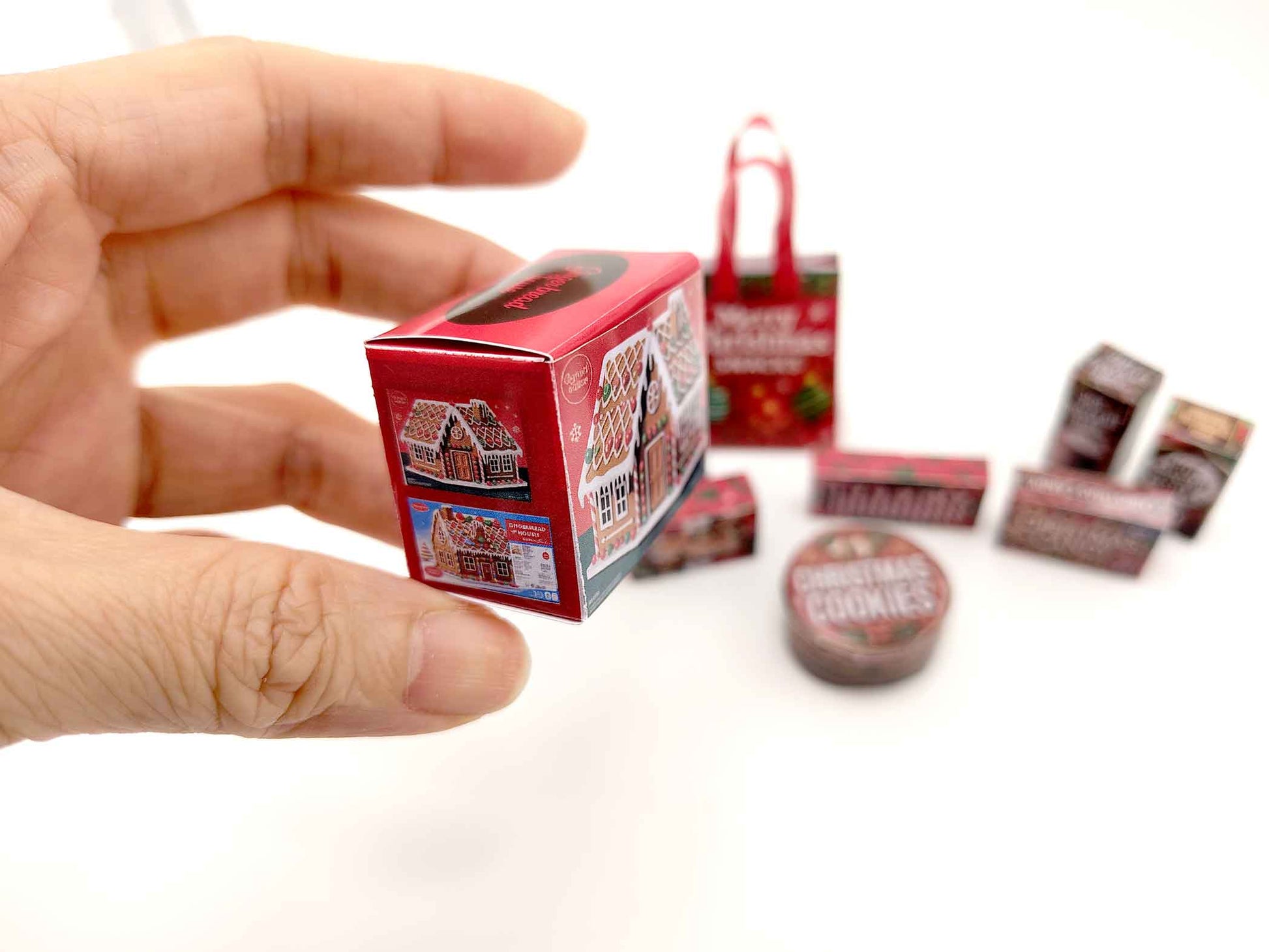Christmas Snack Packaging 1:12 scale dollhouse food, 8 snack box and 1 bag, ginger bread house, candy canes, cookie, Hot chocolate