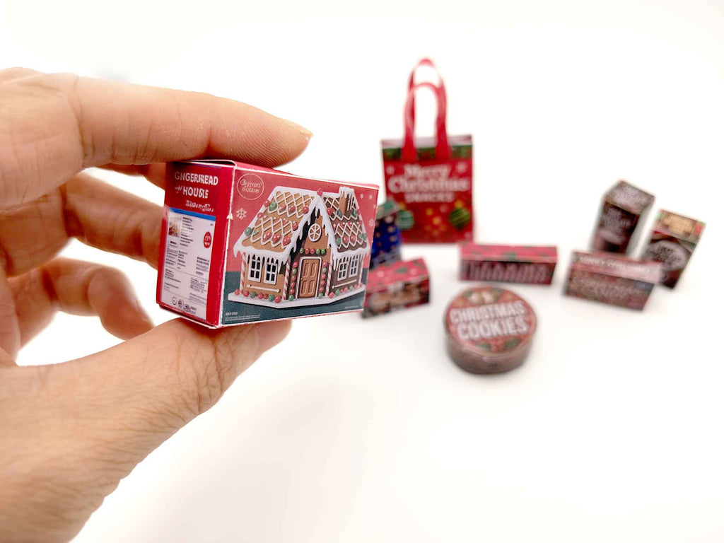 Christmas Snack Packaging 1:12 scale dollhouse food, 8 snack box and 1 bag, ginger bread house, candy canes, cookie, Hot chocolate