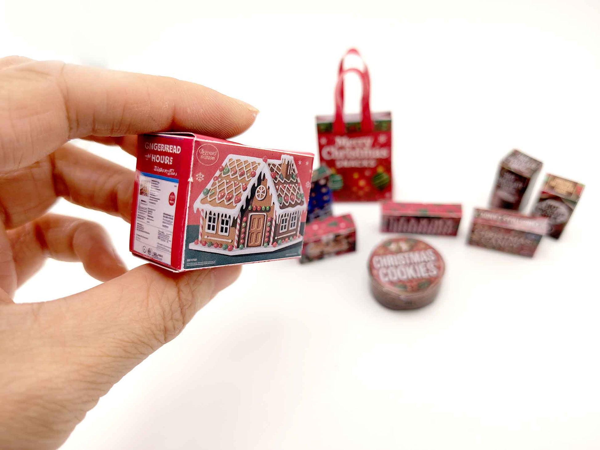 Christmas Snack Packaging 1:12 scale dollhouse food, 8 snack box and 1 bag, ginger bread house, candy canes, cookie, Hot chocolate