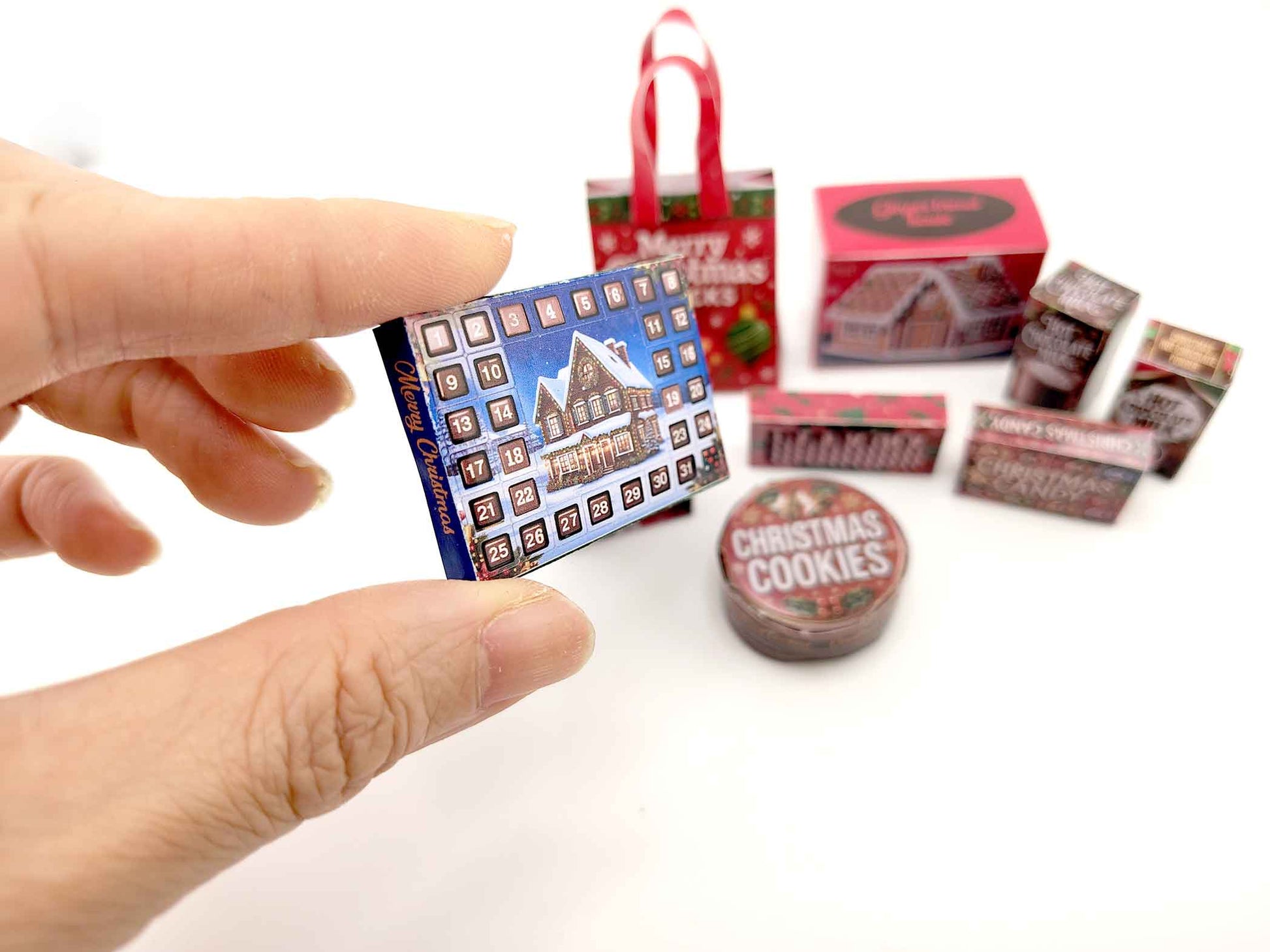 Christmas Snack Packaging 1:12 scale dollhouse food, 8 snack box and 1 bag, ginger bread house, candy canes, cookie, Hot chocolate