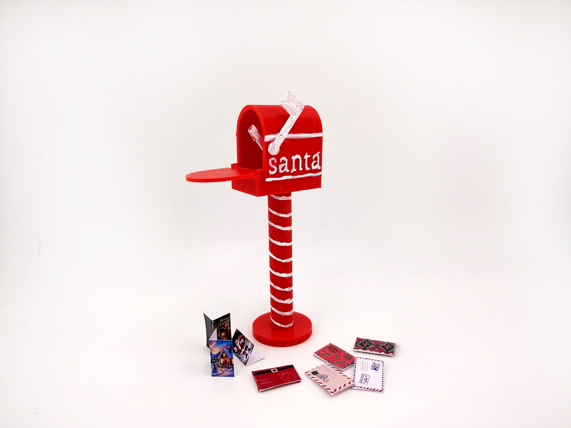 Openable Santa Christmas Mail Box with Envelope and Christmas card for 1:12 dollhouse outdoor decoration, mechanic 3d toy