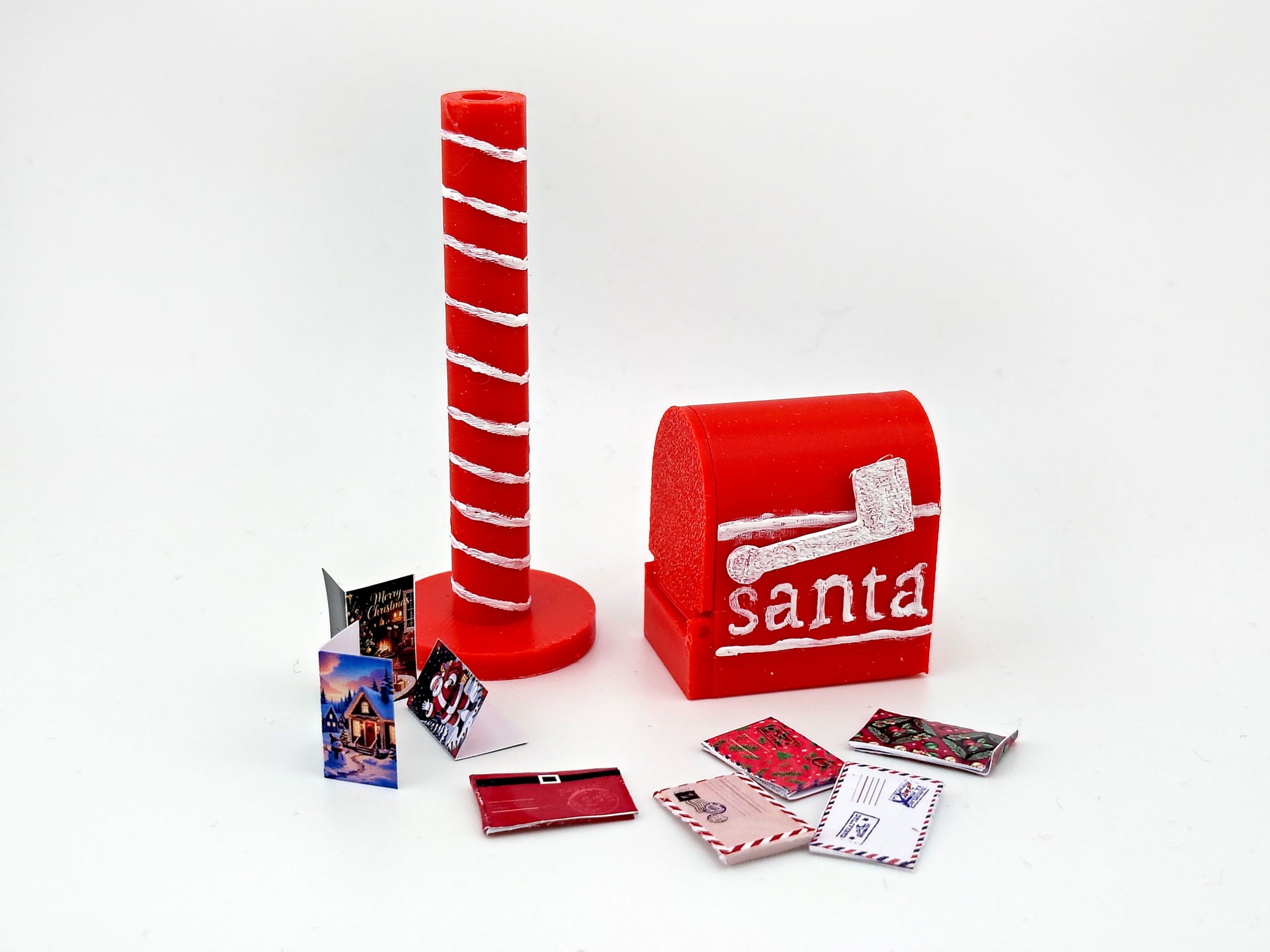 Openable Santa Christmas Mail Box with Envelope and Christmas card for 1:12 dollhouse outdoor decoration, mechanic 3d toy