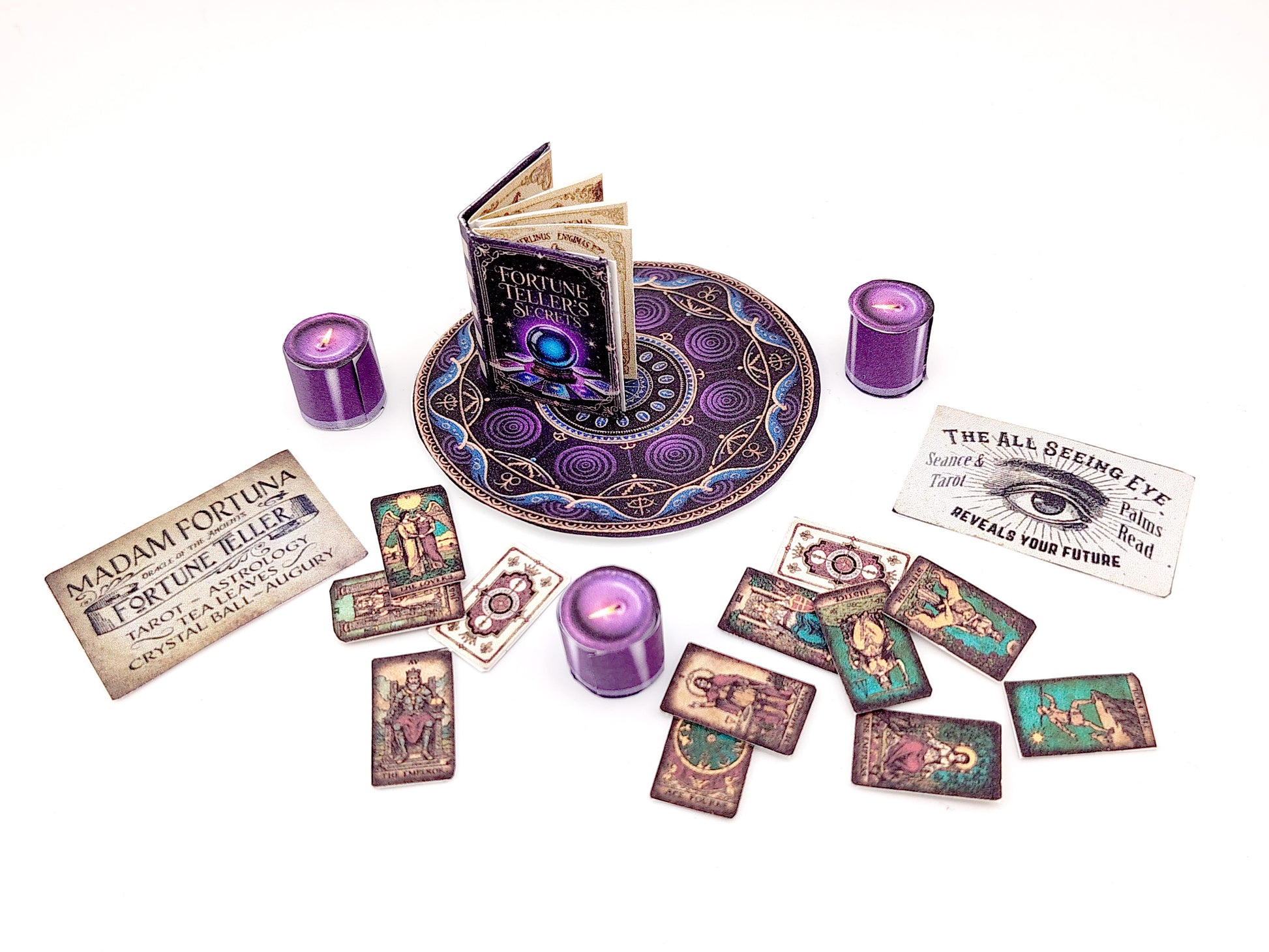 1:6 Fortune Teller Miniature Set — Purple Magic Book, Tarot Cards, Candles, Signs & Wizard Tools