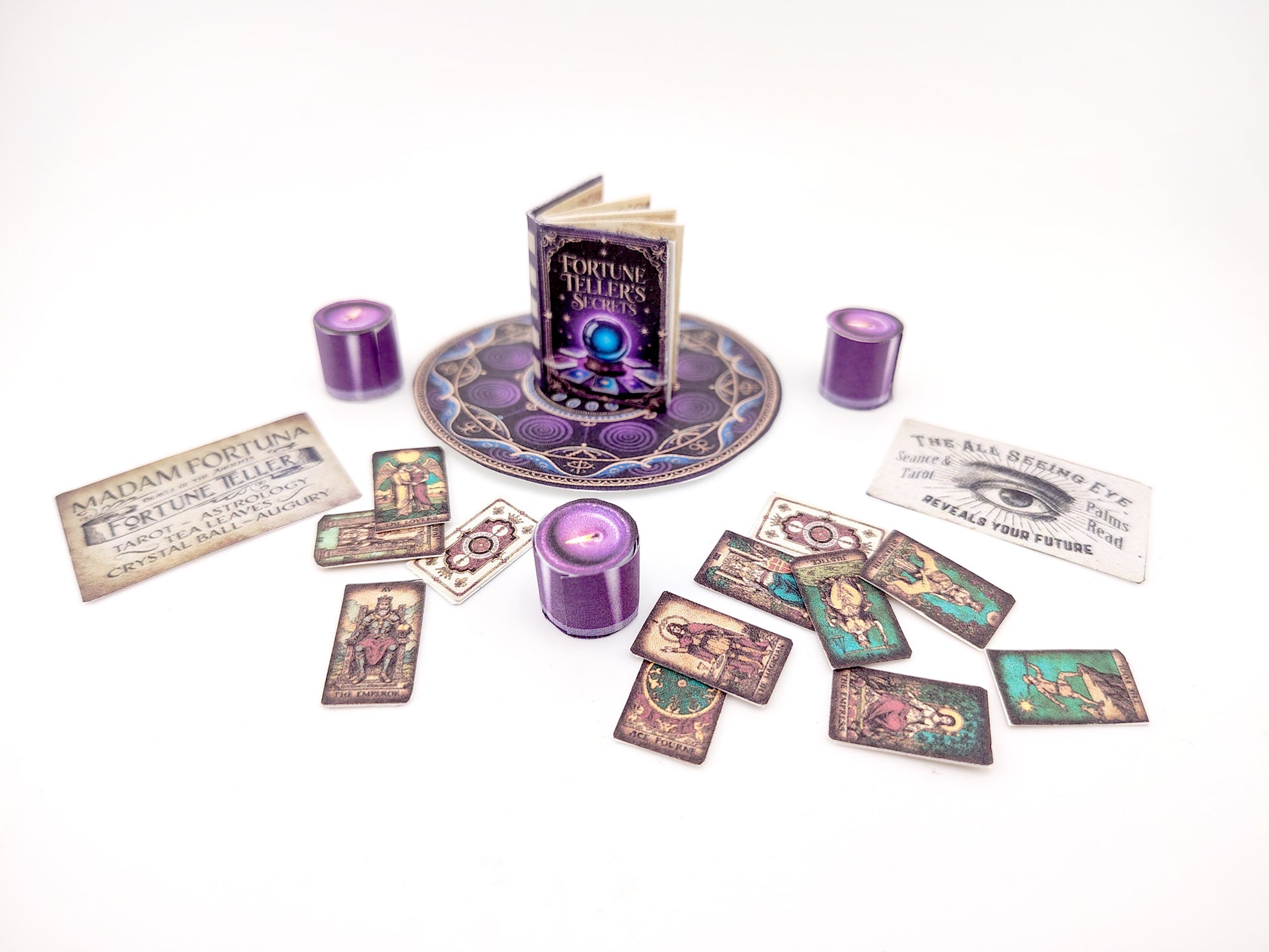 1:6 Fortune Teller Miniature Set — Purple Magic Book, Tarot Cards, Candles, Signs & Wizard Tools
