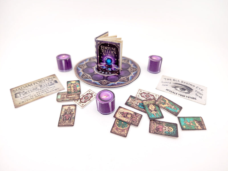 1:6 Fortune Teller Miniature Set — Purple Magic Book, Tarot Cards, Candles, Signs & Wizard Tools