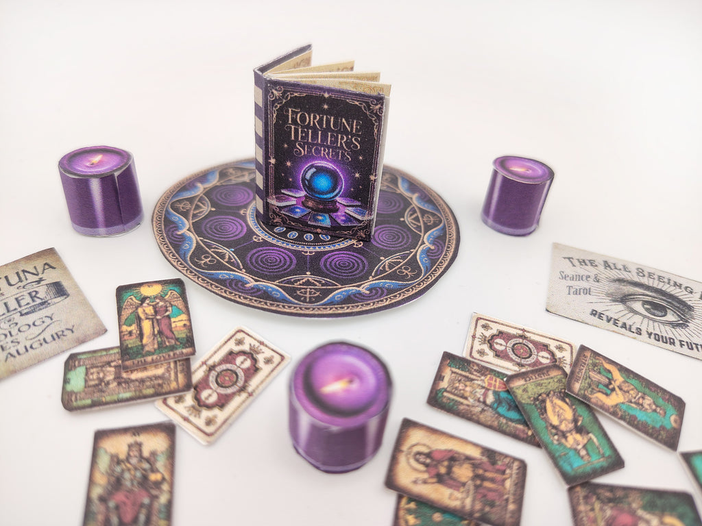 1:6 Fortune Teller Miniature Set — Purple Magic Book, Tarot Cards, Candles, Signs & Wizard Tools