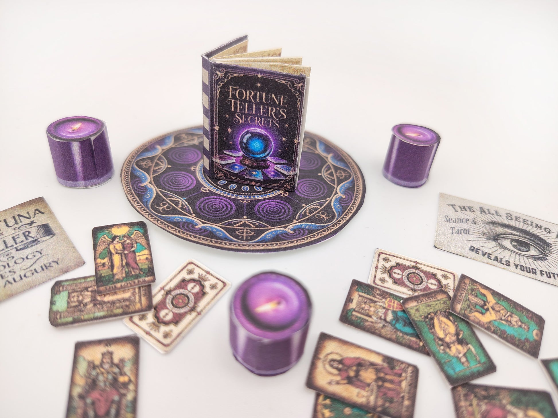 1:6 Fortune Teller Miniature Set — Purple Magic Book, Tarot Cards, Candles, Signs & Wizard Tools