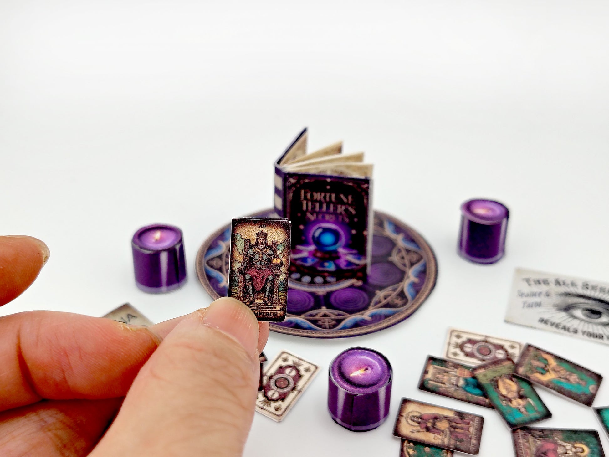 1:6 Fortune Teller Miniature Set — Purple Magic Book, Tarot Cards, Candles, Signs & Wizard Tools