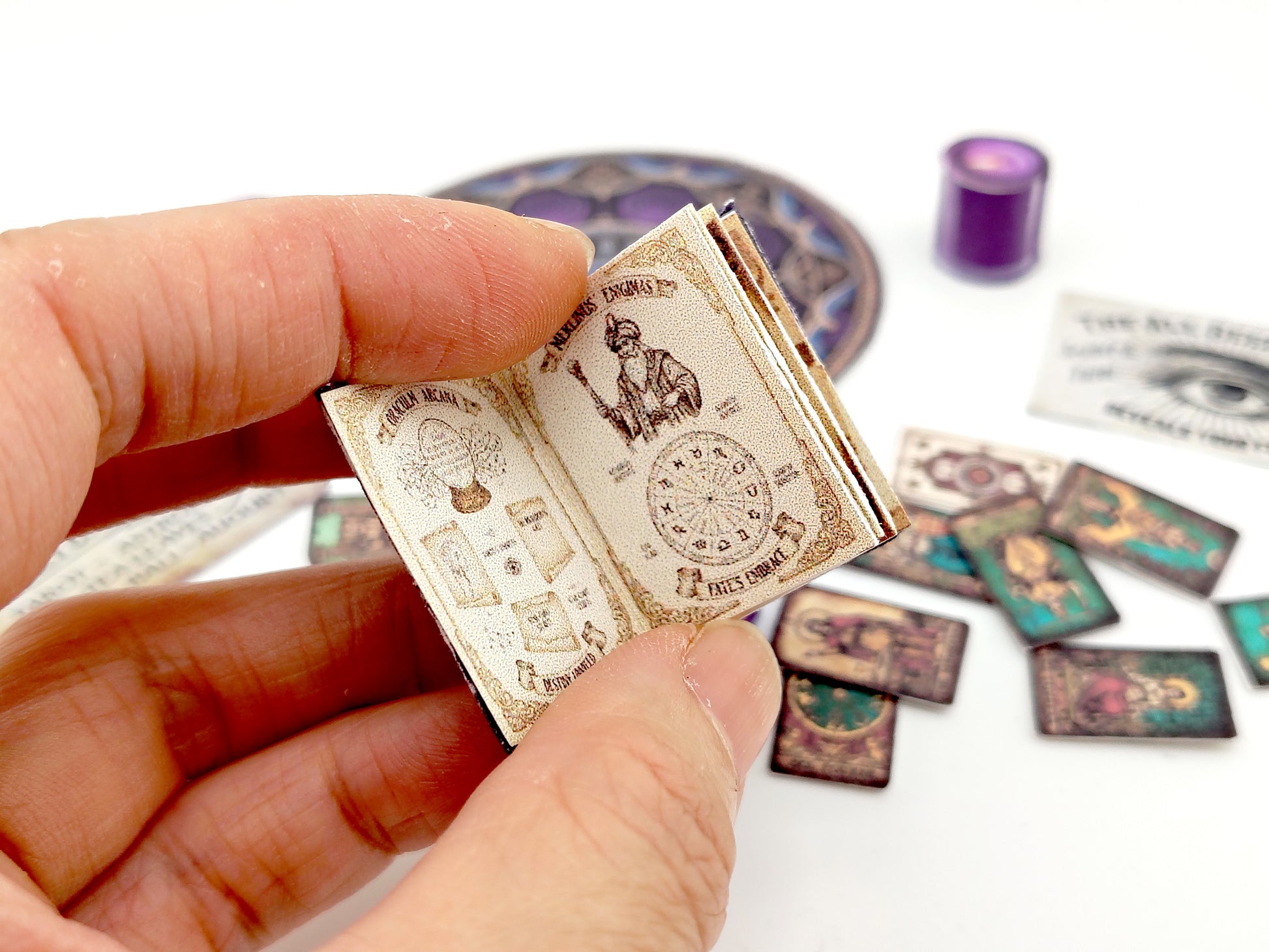 1:6 Fortune Teller Miniature Set — Purple Magic Book, Tarot Cards, Candles, Signs & Wizard Tools
