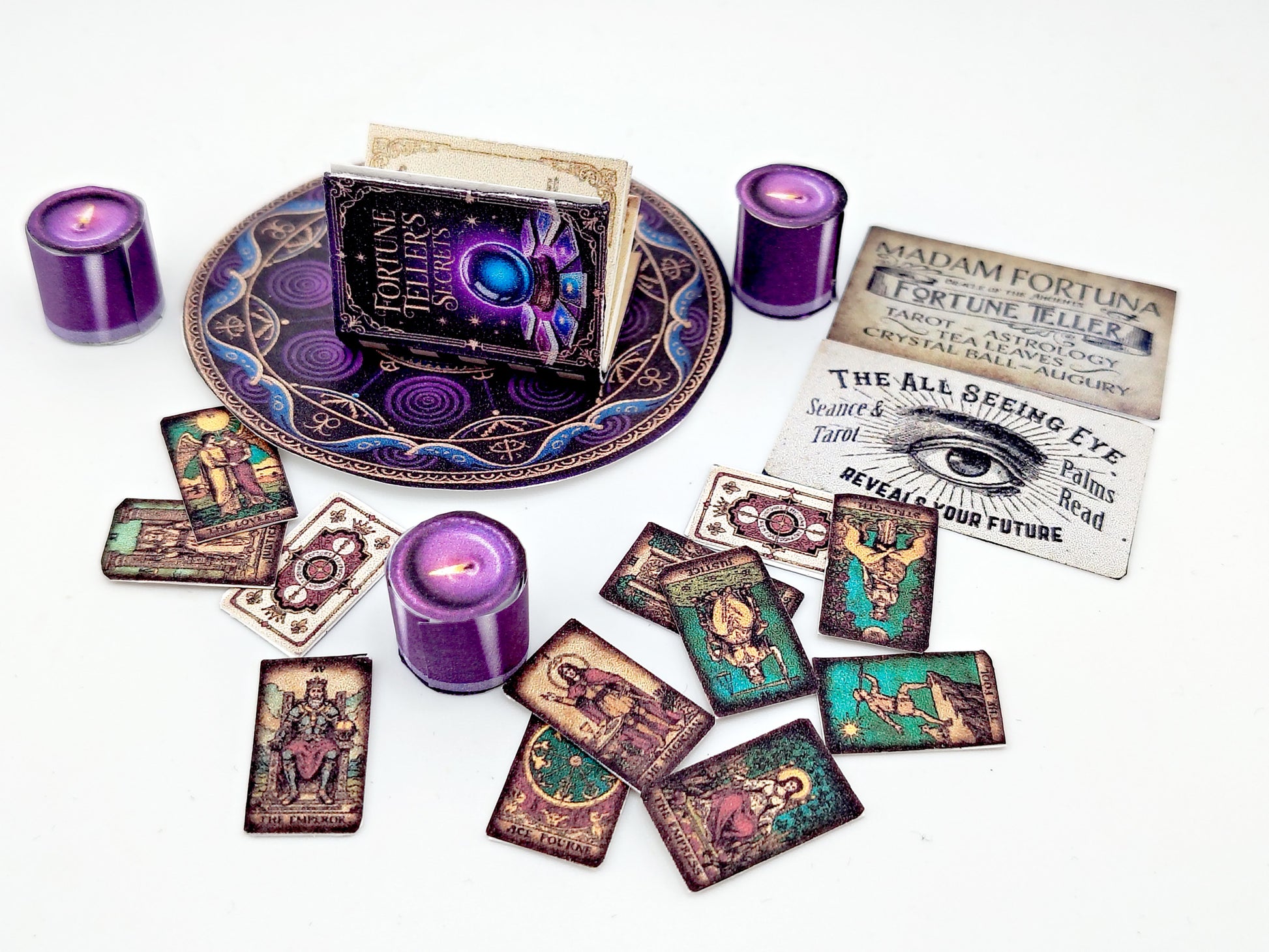 1:6 Fortune Teller Miniature Set — Purple Magic Book, Tarot Cards, Candles, Signs & Wizard Tools