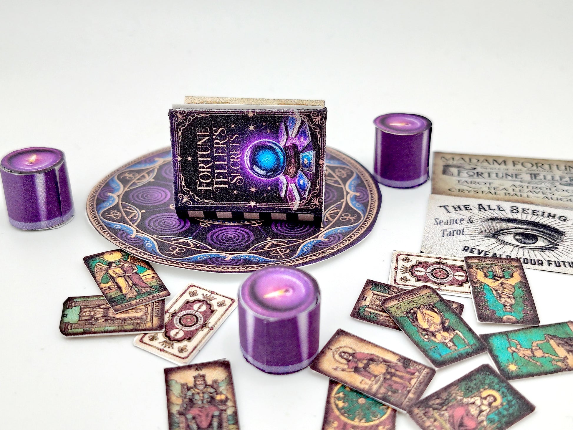1:6 Fortune Teller Miniature Set — Purple Magic Book, Tarot Cards, Candles, Signs & Wizard Tools