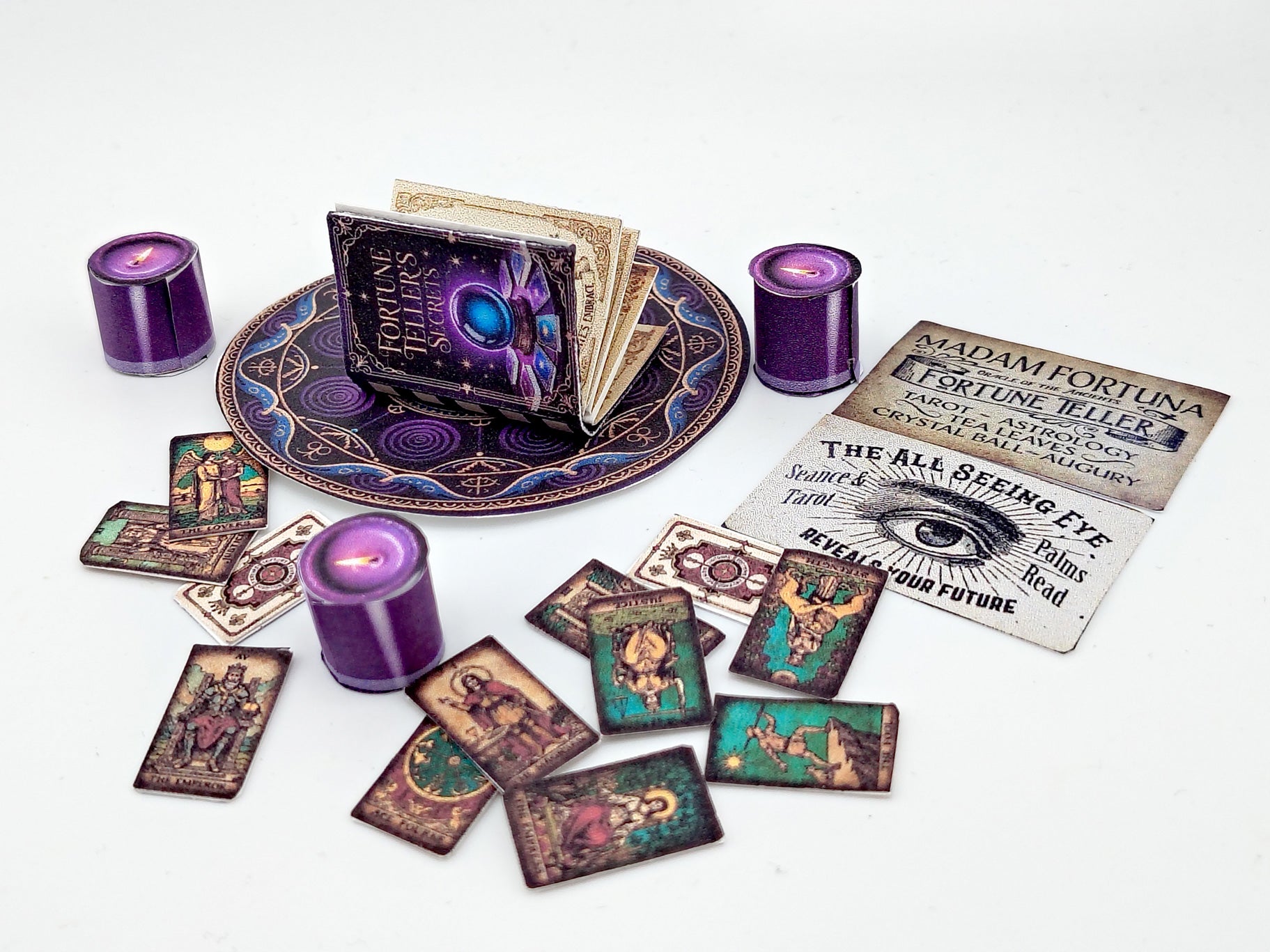 1:6 Fortune Teller Miniature Set — Purple Magic Book, Tarot Cards, Candles, Signs & Wizard Tools