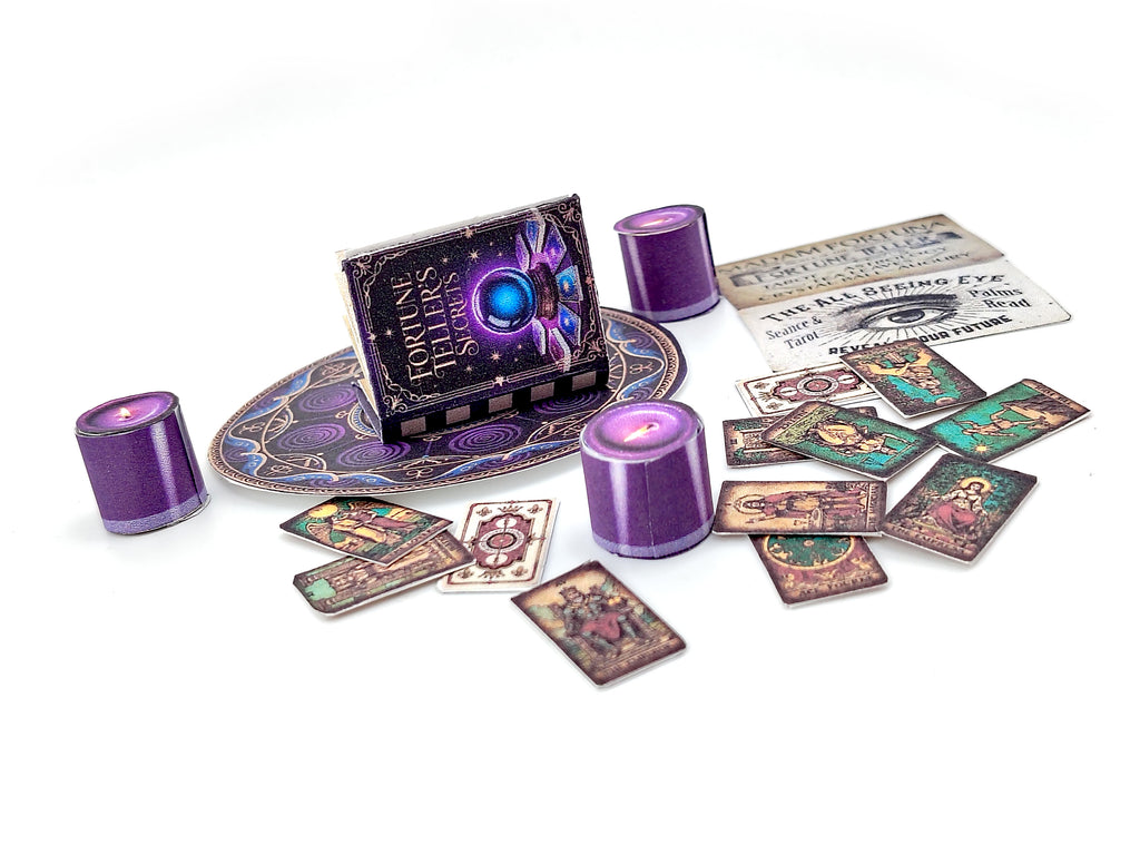 1:6 Fortune Teller Miniature Set — Purple Magic Book, Tarot Cards, Candles, Signs & Wizard Tools