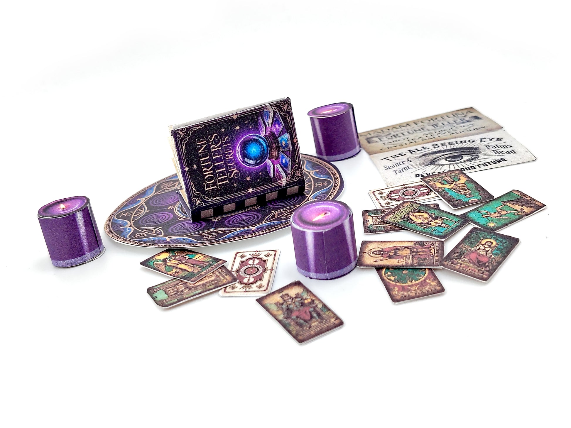 1:6 Fortune Teller Miniature Set — Purple Magic Book, Tarot Cards, Candles, Signs & Wizard Tools