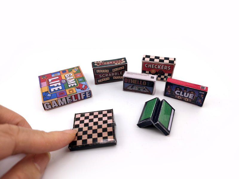 miniature 1:6, 7 items Board Games and openable chess board Clue, Checker, scrabble, game of life, Othello12 l toy printable template