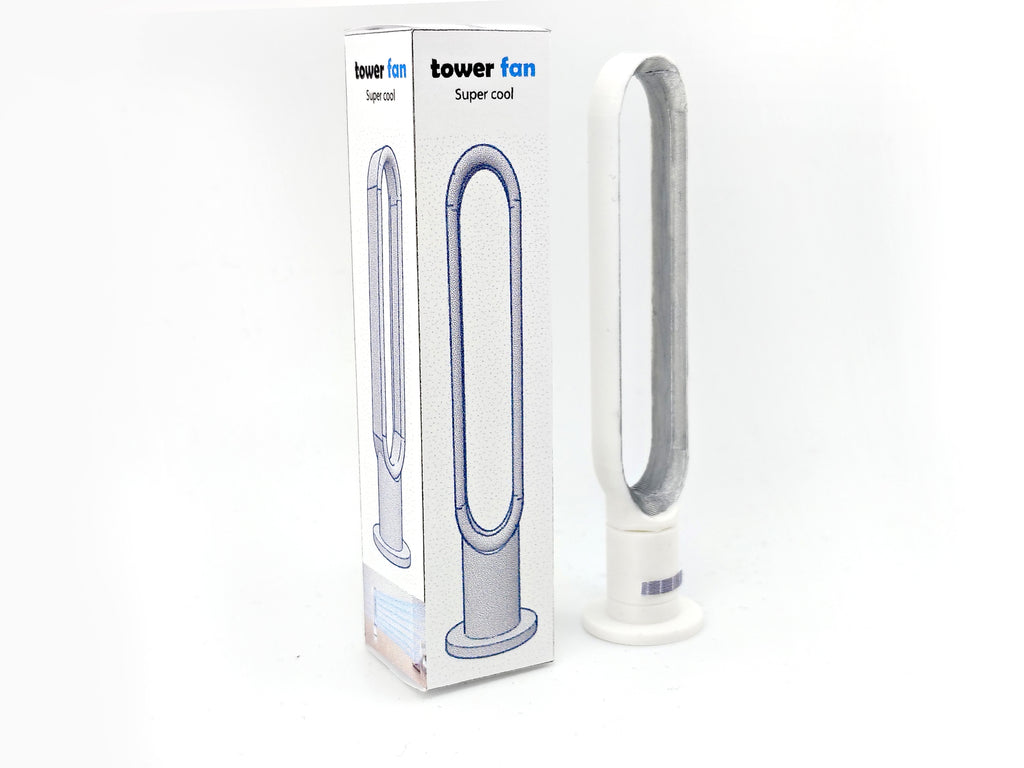 1:12 scale tower fan STL file with box & printable details , DIY 3D print dollhouse appliance for modern furniture miniature diorama scene