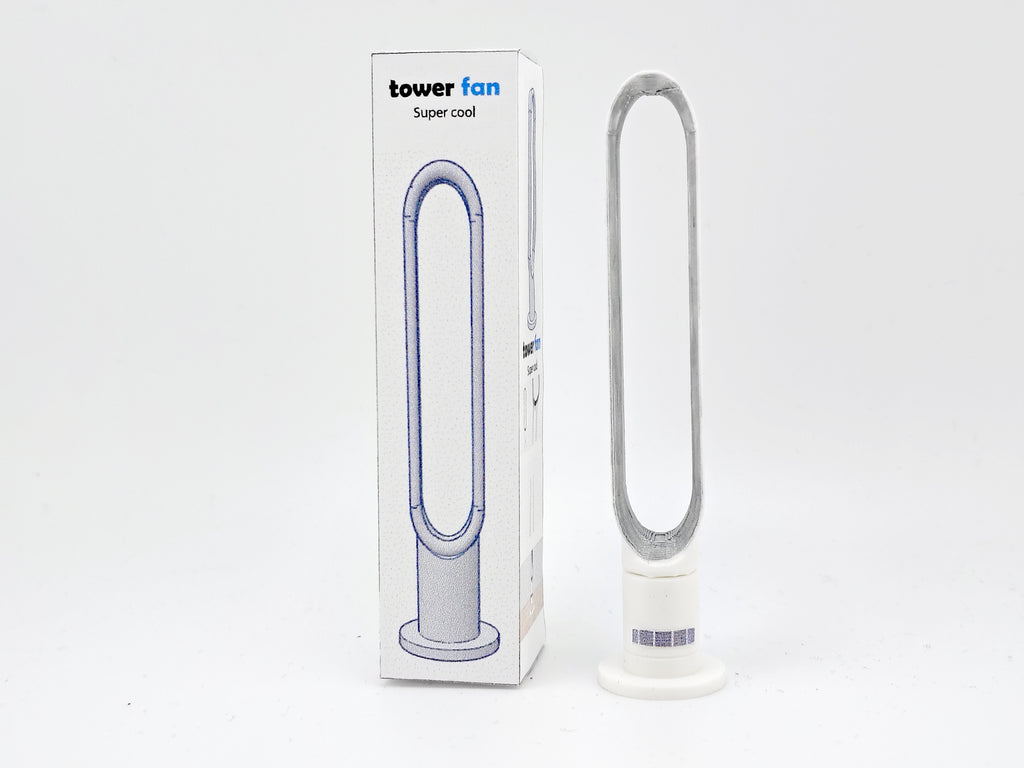 1:12 scale tower fan STL file with box & printable details , DIY 3D print dollhouse appliance for modern furniture miniature diorama scene