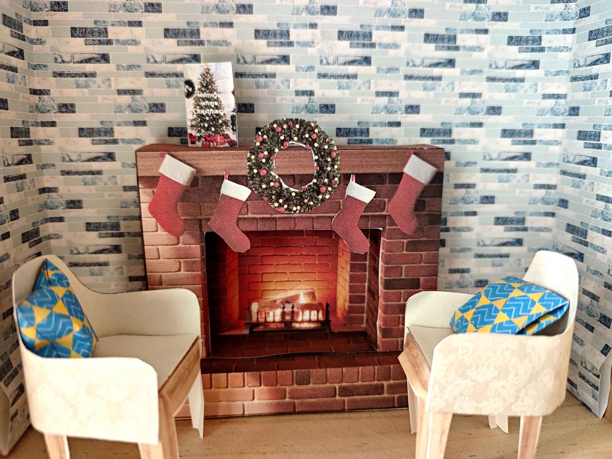 Christmas Red Brick Fireplace  Printable Kit — 1:12 Dollhouse Miniature Furniture for Living Room Diorama (DIY Digital Download)