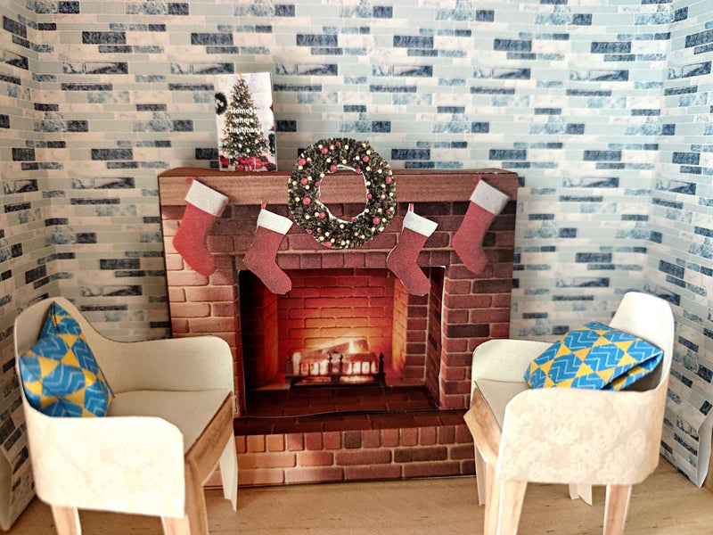Christmas Fireplace Miniature Kit – 1:12 Scale Dollhouse Living Room Diorama (Digital Download)