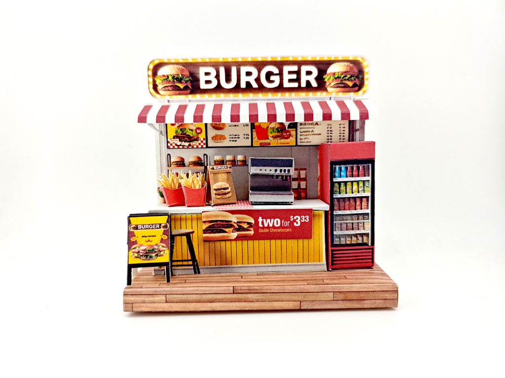 Miniature Burger Shop Craft Kit: 3-Inch Dollhouse Scene (DIY Printable), mini food, mini burger and fries